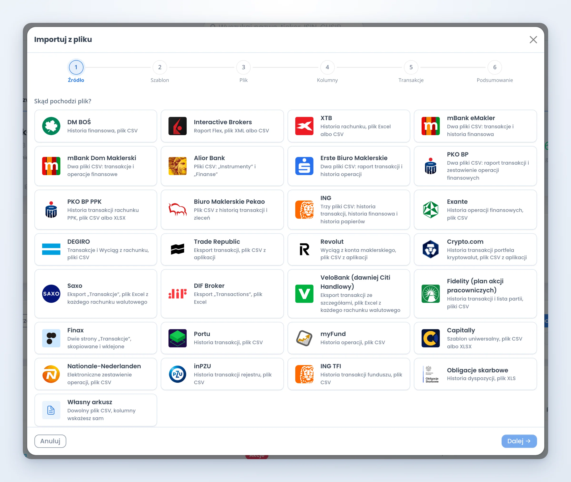 Kreator importu w Kompasie: 24 źródła, m.in. DM BOŚ, XTB, Interactive Brokers, mBank, PKO BP, DEGIRO, Trade Republic, Revolut, Saxo i obligacje skarbowe